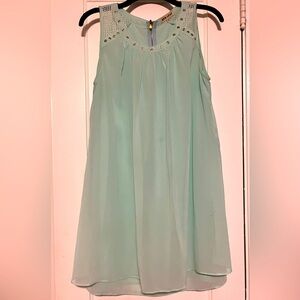 Red Leaf, sheer, sea foam green midi dress with metal accents. Size P
